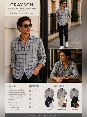 Grayson Plaid Button Down Shirt Gray Lightweight Relaxed Luxury Shirt